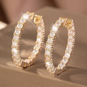 Cubic Zirconia Decor Hoop Earrings Gold Color